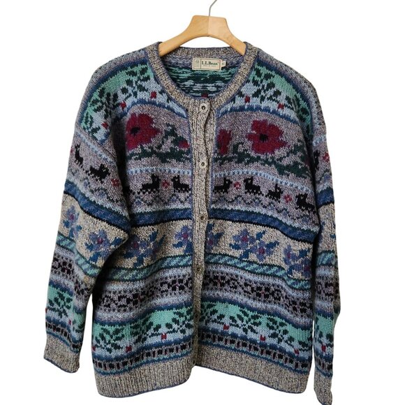 L.L. Bean Sweaters - Vintage L.L. Bean Pure Wool Cardigan Sweater Floral Fair Isle Cottagecore Cabin